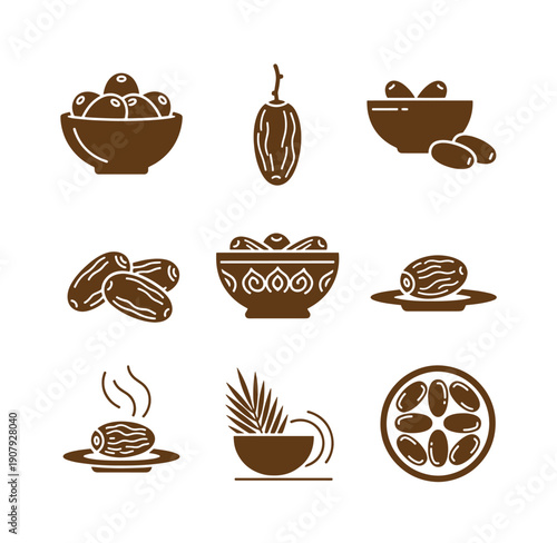 Cocoa beans and chocolate icons in brown color isolated on white background