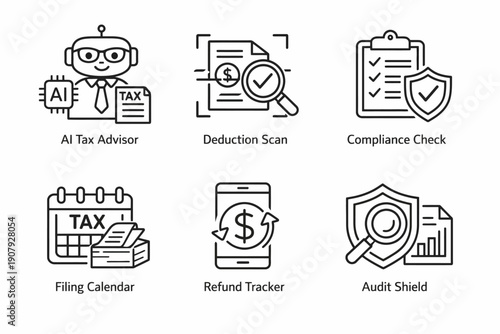 Ai tax tools icons: advisor, deduction scan, compliance check, filing calendar, refund tracker, audit shield