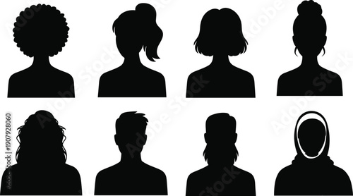 People avatar silhouette icons set, male female profile head shapes, anonymous user portraits, social media interface design, isolated white background