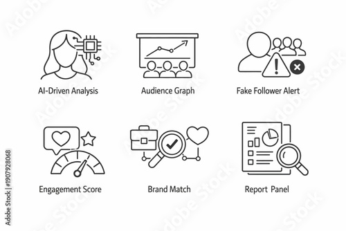 Social media management tools with ai-driven analysis and audience metrics icons