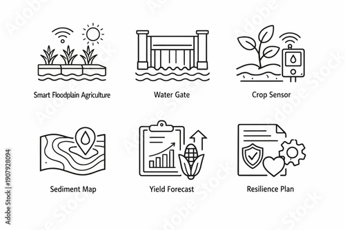 Innovative icons representing sustainable agriculture and water management solutions