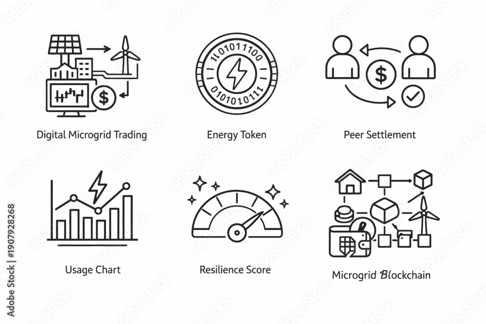 Fototapeta premium Digital microgrid trading and blockchain energy solutions icon set