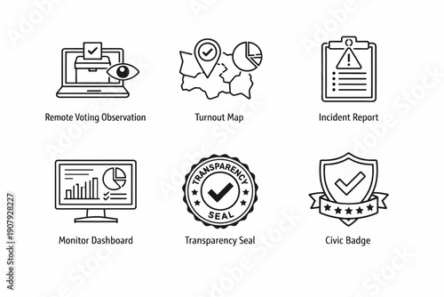 Election management icons: remote voting, turnout map, incident report, dashboard, seal, badge