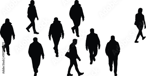 Walking people silhouette set, anonymous men and women pedestrians, urban crowd movement concept, black human figures, isolated white background illustration