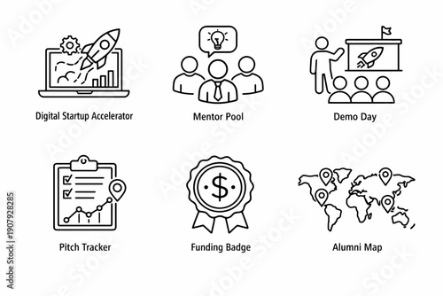 Icons depicting digital startup accelerator concepts and business development stages