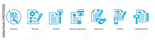 Business Contract web banner featuring Renewal, Planning, Contract, Franchise Agreement, Agreement, Contract, and Legal Document for effective legal and business agreements.