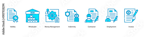 Commercial Agreement web banner featuring Validity, Wholesaler, Money Management, Indemnity, Contractor, Employment, and Invoice for reliable trade and financial operations.