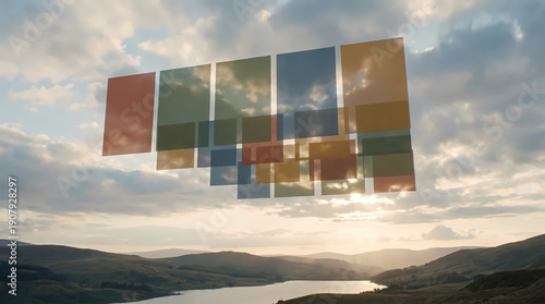 Floating colorful panels reflecting sunlight over serene landscape  