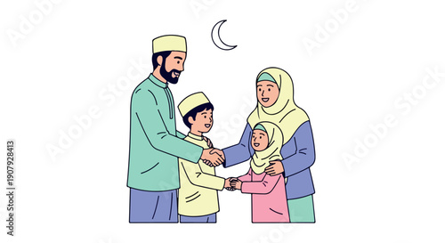 Illustration of a Muslim family in traditional clothing standing together under a crescent moon on a white background.