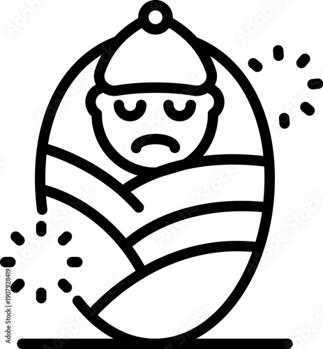 Sad newborn baby wearing a winter hat and suffering from fireworks noise during new year's eve celebration