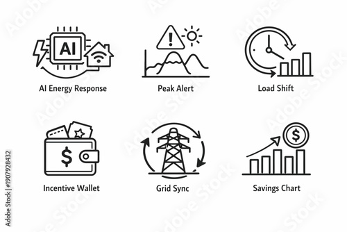 Ai energy response icons illustrating peak alerts, load shifts, and savings strategies