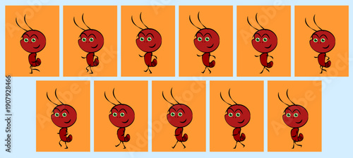 Cartoon Ant side Frame by Frame walk cycle classic animation vector Illustration ready to use in 2D Animation, Motion Graphics, Animated Clips, motion posters, Web, Game