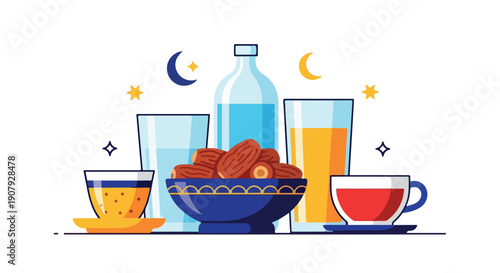 Illustration of a still life with dates, water, juice, and tea, set against a white background with celestial symbols.