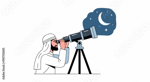 Flat illustration of a bearded man in a white robe and headscarf looking through a telescope at a crescent moon and stars on a night sky.