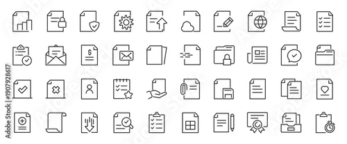 Document set of web icons in line style. Documents linear icon collection. Containing contract papers, folder, certificate, accept, approved, clipboard, invoice, archive and more. Editable stroke