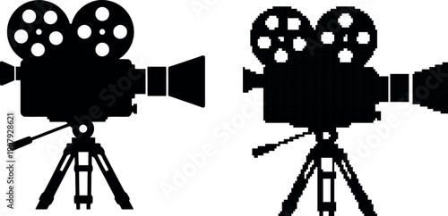 Vintage film camera icon illustration with tripod on transparent background