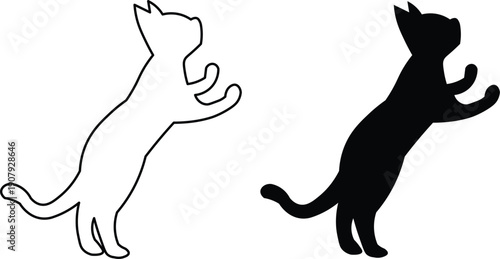 Two cat silhouettes, one white outline and one solid black, standing on hind legs with front paws raised.