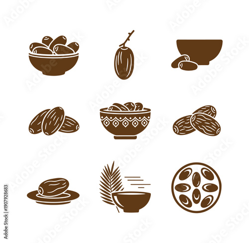 dates in various bowls and on plates with palm leaf on white background