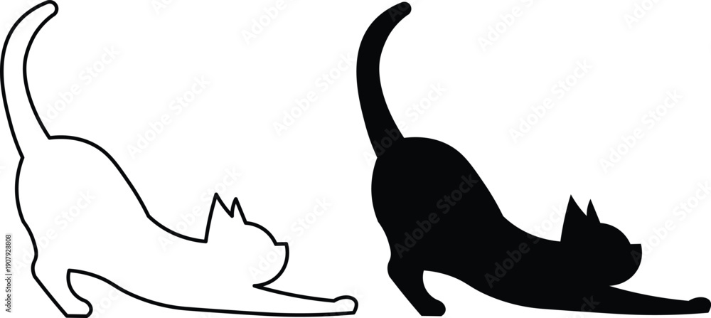 Fototapeta premium Two stylized cats stretching, one as a white outline and the other as a black silhouette, on a white background.