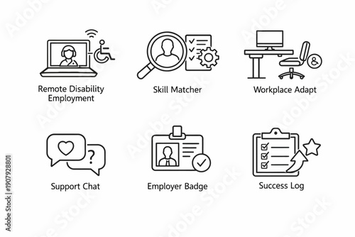 Remote work and accessibility icons illustrating employment and workplace adaptation concepts