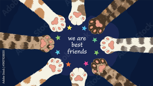 Group of various patterned cat paws reach toward the center of a dark blue background with stars and text about being best friends.