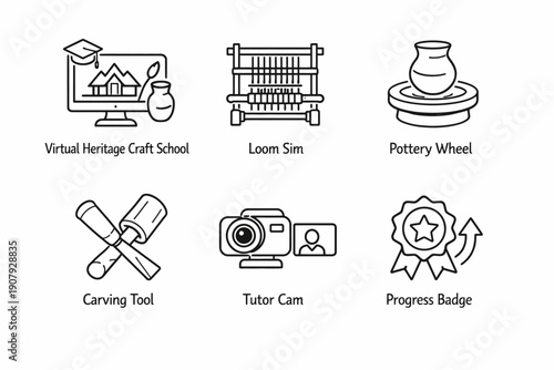 Virtual craft education tools icons: loom sim, pottery wheel, carving tool, tutor cam, progress badge