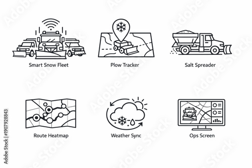 Snow management technology icons for smart fleet and weather tracking