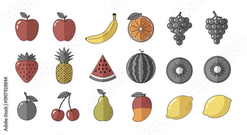 Colorful illustration featuring a variety of fresh and appetizing fruits in a simple design