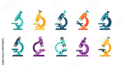 Colorful Vector Illustrations of Microscopes for Scientific Research and Educational Purposes