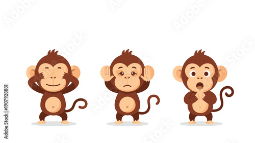 Three cute little monkeys demonstrate the classic wise monkey poses with hands over eyes, ears, and mouth on a white background.
