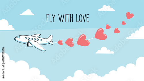 White commercial airplane flies through a clear blue sky leaving a long trail of pink hearts behind with the text fly with love.