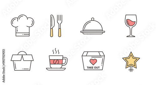 Culinary Icons Illustrating Various Dining and Takeout Elements for Restaurant Designs