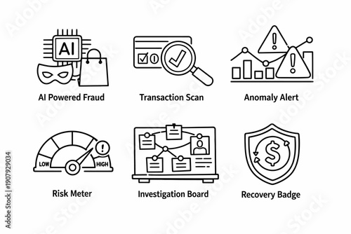 Ai powered fraud detection and risk management icons