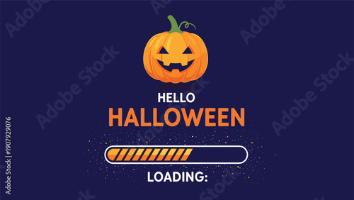 Carved jack o lantern pumpkin glows above a loading bar and text announcing that Halloween is currently loading on a dark background.