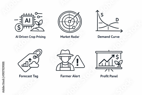 Ai driven crop pricing and market analysis icons for agricultural insights