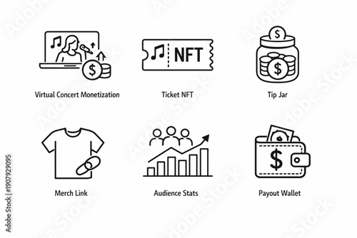 Icons representing virtual concert monetization and digital ticketing strategies