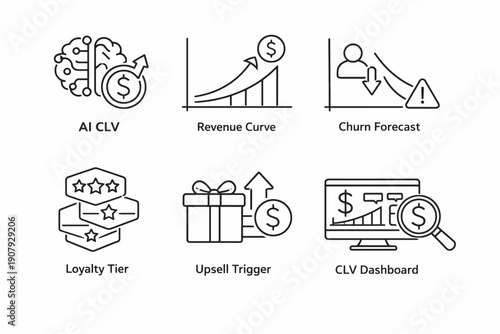 Ai customer lifetime value and revenue forecasting icons set