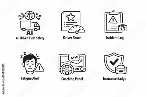 Ai-driven fleet safety icons: driver score, incident log, fatigue alert, coaching panel, insurance badge