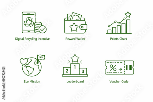 Digital recycling icons: incentive, wallet, points, eco mission, leaderboard, voucher