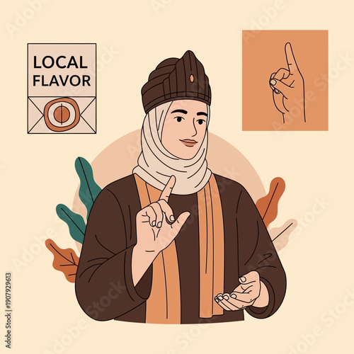 Cultural vector art depicting a graceful woman wearing a hijab and traditional headwear, her hands gesturing in a storytelling manner, symbolizing authentic local essence and community spirit