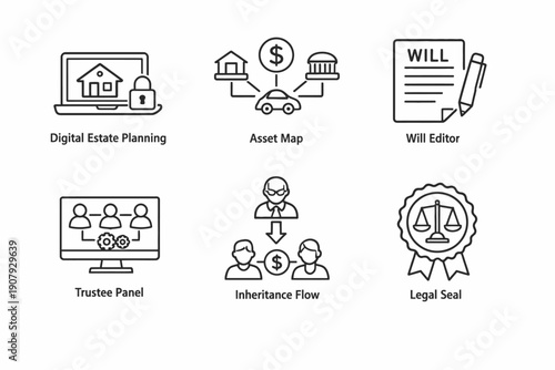 Digital estate planning tools and resources illustrated in simple icons