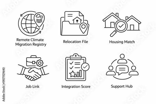Remote climate migration icons: registry, relocation, housing, job, integration, support