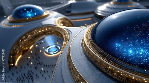 Futuristische Architektur mit geschwungenen Formen spiegelt sich im Wasser