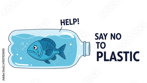 Sad blue fish trapped inside a plastic bottle filled with water calls for help as part of a campaign to say no to plastic waste.