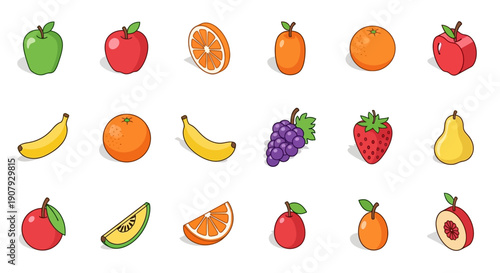 A vibrant assortment of various fruits displayed in a cartoon style illustration