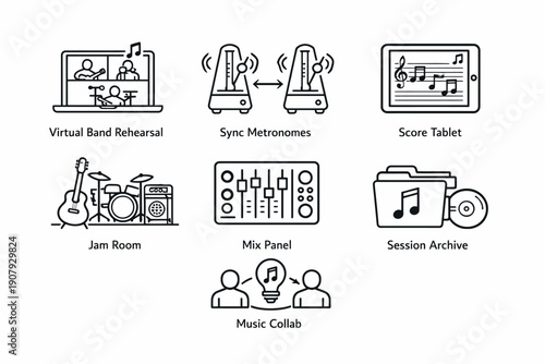 “virtual band rehearsal setup featuring metronomes and music collaboration tools”