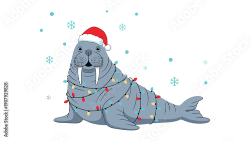 Large grey walrus wearing a red santa hat is wrapped in a string of colorful christmas lights while snowflakes fall around him.