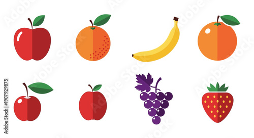 A vibrant assortment of various fruits displayed with flat design and colorful hues