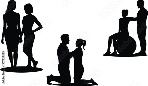 Couple relationship silhouettes showing love intimacy support and communication between men and women isolated on white background vector illustration design
