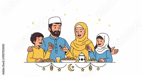 Illustration of a Muslim family sharing a meal together at a table with traditional decorations and warm lighting.